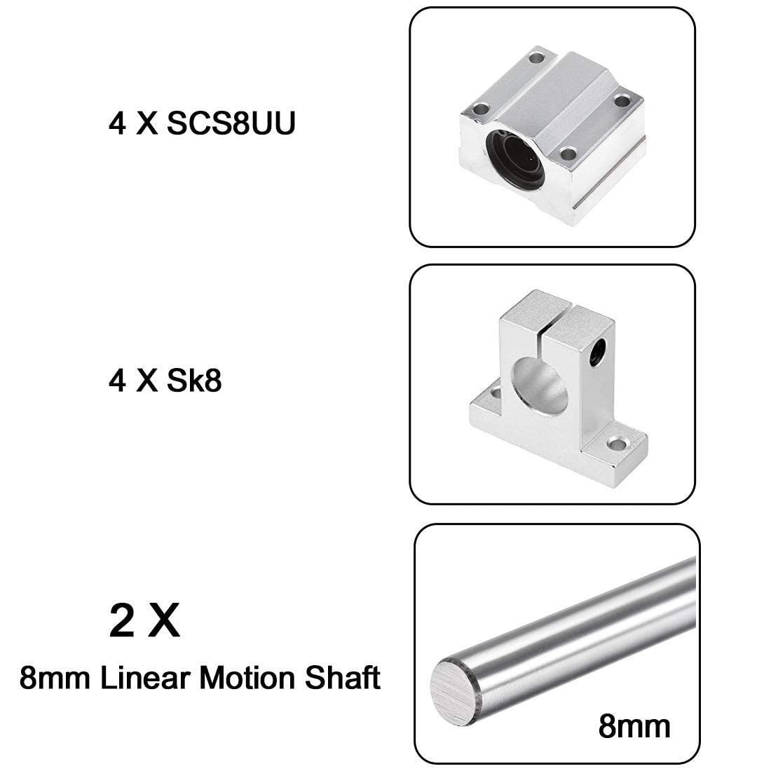 2PCS 8mm X 500mm Linear Motion Rod Shaft Guide with 4 PCS SCS8UU Ball Bearings & 4 PCS SK8 Aluminum Rail Support, Linear Motion Rod Guide Set for CNC and DIY Craft Tool (Diameter 8mm, 500mm)