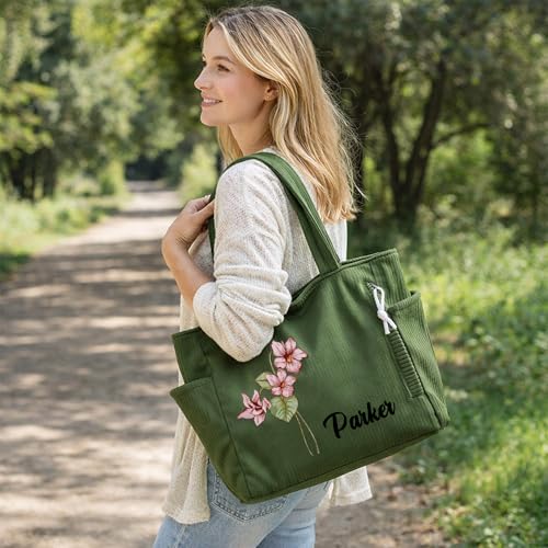Bolso Tote de pana personalizado con flor de nacimiento para mujer miniatura 3