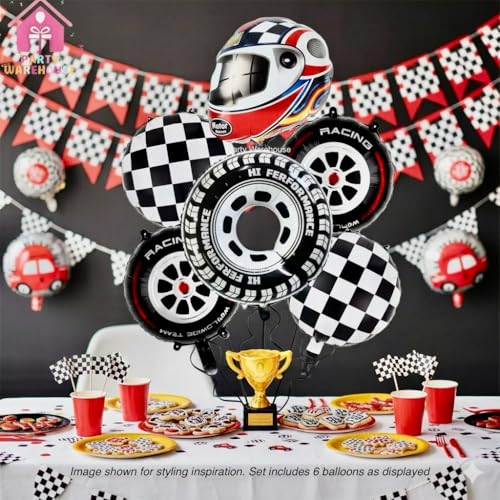 Image of Party Warehouse Helmet + Tyres Balloon Set - Includes Racing Helmet, Big Tyre 32 Inch, 2 Tyres & 2 Chequered Foil Balloons | Elegant Racing Theme | Must-Have Essential for Party Decor