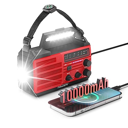 [10000mAh Battery] Raddy SW10 Wind Up Radio, Emergency Hand Crank Solar AM FM Radio with Rechargeable Battery, Flashlight, SOS Alarm, Compass & Power Bank for Power Outage Camping Hurricane Outdoor