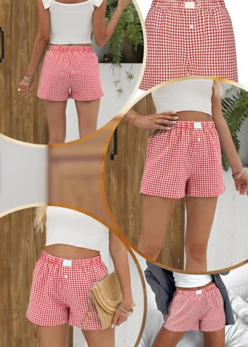 Image of Women Pajamas Shorts Y2k Elastic Waist Plaid Boxer Shorts Cute Gingham Sleep Lounge Bottoms