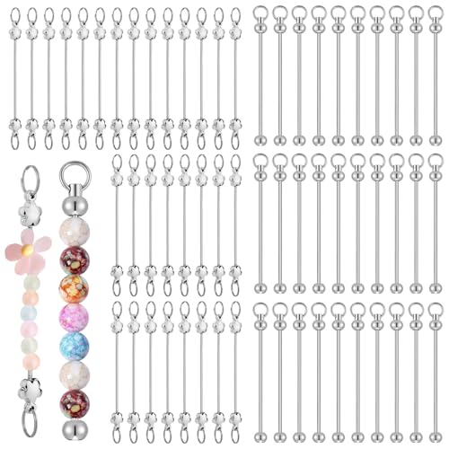 60 Stück Perlen Schlüsselanhänger Selber Machen Rohling Keychain Diy Silber Anhänger Basteln für Schmuckherstellung Frauen Männer DIY-Bastelarbeiten (Rund und Blumenförmig)