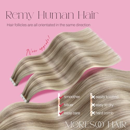 Moresoo Highlighted Tape in Extensions Human Hair Seamless Hair Extensions Tape in Light Brown Highlighted with Blonde Glue in Hair Extensions Real Human Hair 18 Inch #P9A/60 20pcs 50g - Image 3