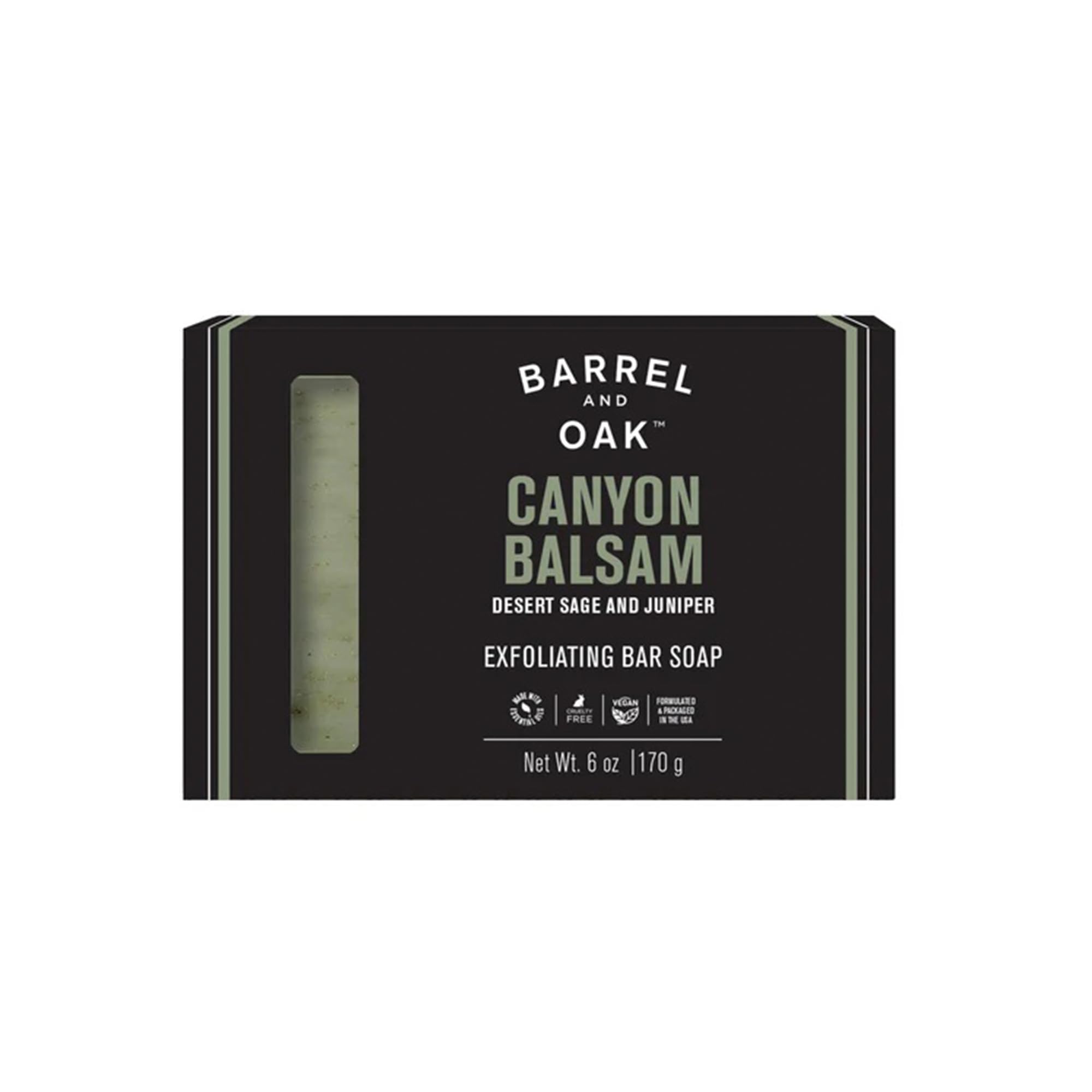 Barrel & Oak Exfoliating Bar Soap for Men, Walnut Shell Powder, Olive Stone, and Essential Oils, Long-Lasting Bar Soap, Vegan, SLS-Free, Canyon Balsam