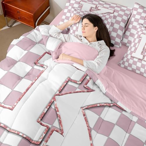 Image of Erosebridal Pink Initial K Queen Bedding Set 7 Piece Kawaii Plaid Checkered Bed in A Bag with Sheets Cute Personalized Monogram Comforter Set for Kids Girls Teen Women,Fashion Grids Gingham Bed Sets