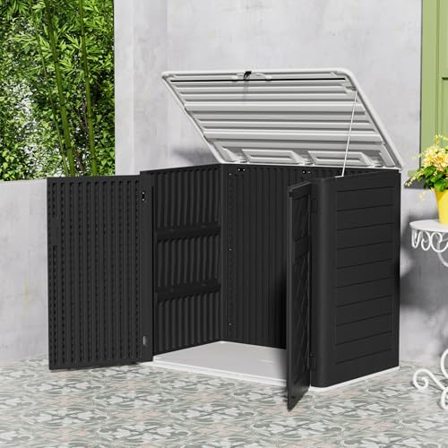 Image of Mrosaa Resin Outdoor Storage Shed, 38 cu.ft Outdoor Storage Box Waterproof for Garden Tools, Patio Furniture, Trash Cans, Garage Storage, Lockable (Black)