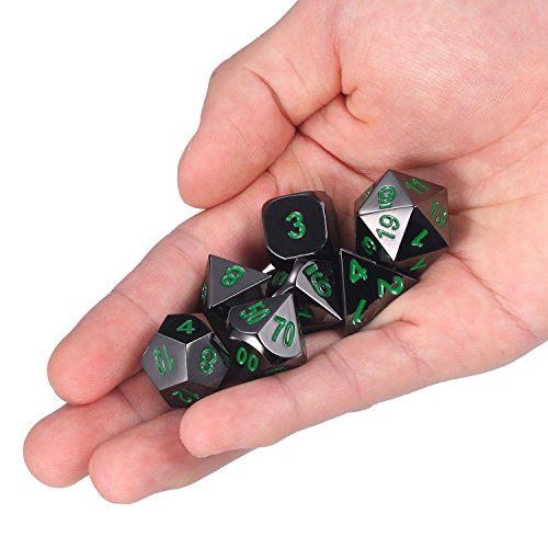 Zinc Alloy Metal Polyhedral 7-Die Dice Set For Dungeons And Dragons Rpg Dice Gaming D&D Math Teaching, D20, D12, 2 Pieces D10 (00-90 And 0-9), D8, D6 And D4 (Black And Green) #TOP2