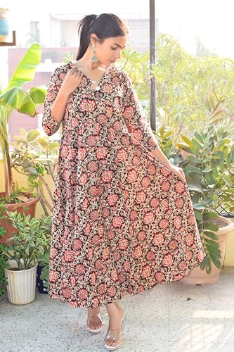 Image of JAIPUR HAND BLOCK Cotton Sleeveless Long Flared A Line Dress|Gown (S00063)