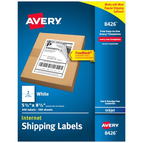Image of Avery Half-Sheet Printable Shipping Labels, 5.5 inch x 8.5 inch Customizable Stickers, White, 200 Blank Mailing Labels, Great for Mailing, Shipping, Organizing, and More (8426)