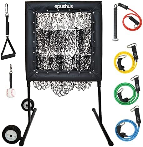 EPUSHUS Pitching Pocket Net for Baseball & Softball - Portable Practice Target for Pitchers with 9 Hole Strike Zone - Adjustable Height Include 4 Resistance Bands with Grip, Bat Handle, Ball Trainer