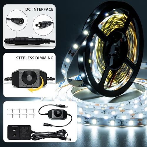 Image of 10ft White LED Strip Lights,12V Dimmable Tape Lighting with Infrared Remote,SMD 2835 LEDs Adhesive Ribbon Light,Connectable,Cuttable,Indoor Rope Light for Room Bedroom Cabinet