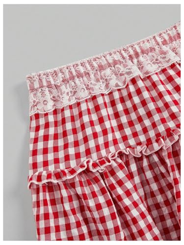 OYOANGLE Women's Plus Size Plaid Print Lace Trim Mini Skirt Elastic Low Waist Ruffle Y2K A Line Short Skirts3