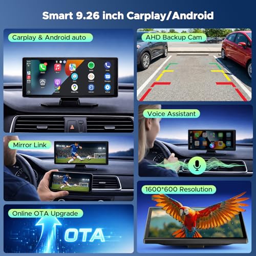 Image of LAMTTO 9.26 inch Wireless CarPlay Screen for Car, Waterproof Backup Camera