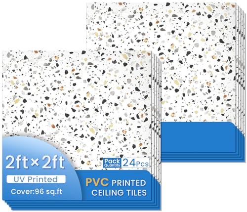 LooYee 24 PCS 2x2 Ft Faux Printed PVC Ceiling Tiles, 24x24 Inch Terrazzo Speckle Scatter Ceiling Panels, Waterproof Washable Cuttable Material Ideal for Living Room Bedroom Basement Cover 96 Sq.Ft