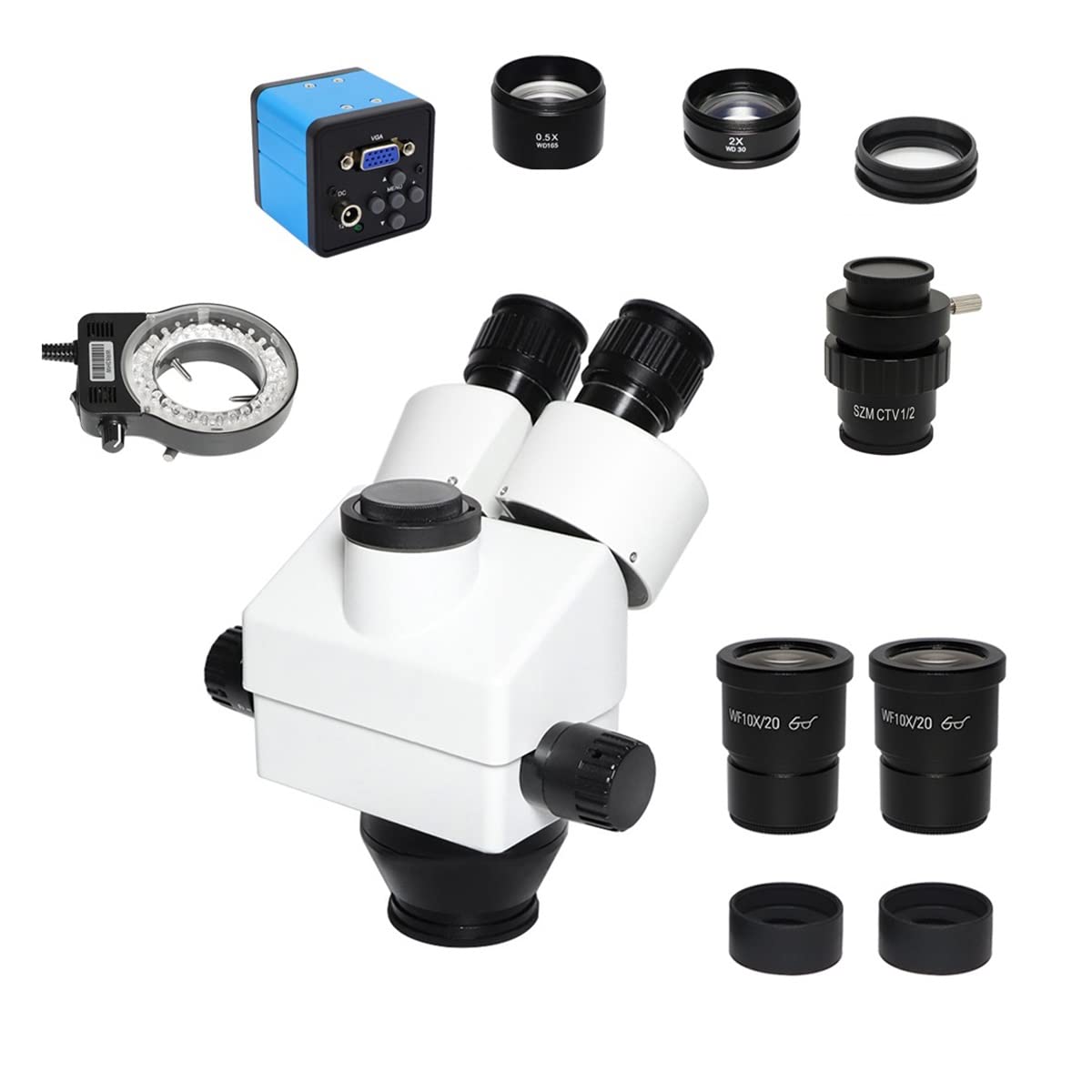 Microscope 3.5X 7X 45X 90X Simul-Focal Trinocular Zoom Stereo Microscope Head +2.0X 0.5X Objective Lens W10X Eyepiece 38MP/VGA Video Camera(VGA add CTV 0.5)