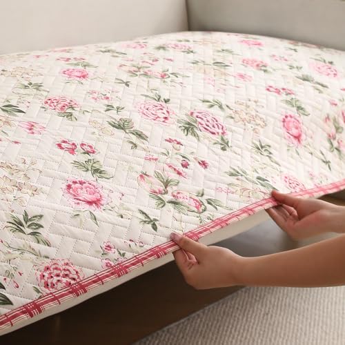 Image of HOKIPO 'HomeHues Series' Printed Quilted Sofa Cover Mat for 2 Seater Sofa, Beige Peonies (IN-807-D3*1)