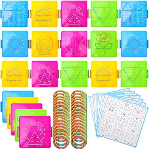 20 Pcs Plastic Double Sided Geoboard Mathematical Manipulative Material Geoboard Plastic Graphical Geo Board with Rubber Bands for Kindergarten Geometric Shape Learning Toys 4 Colors