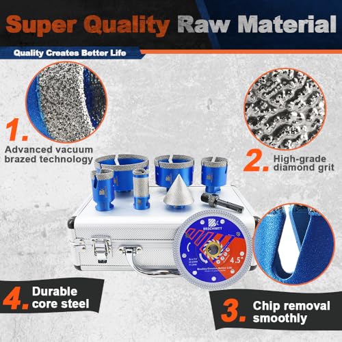Image of Diamond Core Drill Bit Set - BRSCHNITT Tile Hole Saw Kit 1-3 /8 inch2 inch 3 inch 4 inch & 1 inch Finger Bit & 2 inch Chamfer Bit for Porcelain Tile Ceramic Marble Granite Diamond Blade