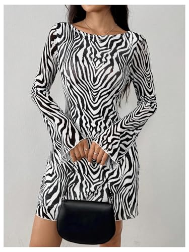 Image of MakeMeChic Women's Cheetah Print Mini Dress Y2k Bell Sleeve Leopard Print Dress Going Out Outfits