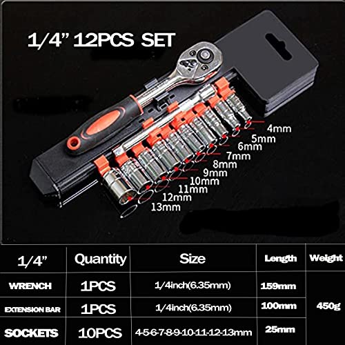 EzoLife 12pcs 1/4 Inch Ratchet Socket Wrench Set, Drive Socket Set with 10 Sockets 4-13mm Ratchet Handle and Extension Bar
