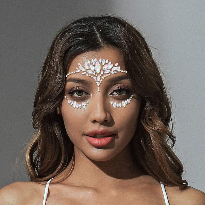Miniatura 2 de Calcomanías de cara de cristal, gemas de sirena, brillantes, calcomanías temporales, accesorios de fiesta rave para mujeres y niñas (D)