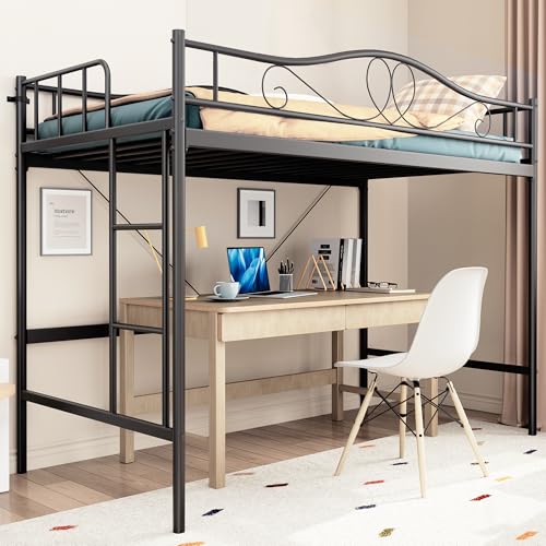 GarveeHome Loft Bed Twin Size with Removable Ladder & Full Safety Guardrail, Twin Loft Bed Heavy-Duty Metal Frame 400 Lbs Weight Capacity, Space Saving, No Box Spring Needed & Noise Free,Bla