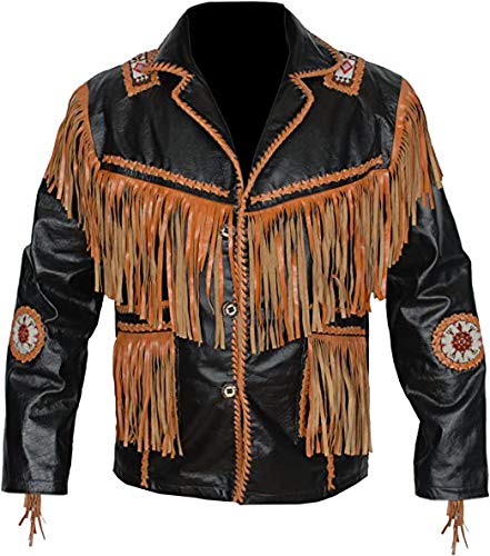 Classyak Men's Cowboy Genuine Cowhide Leather Jacket Fringe and Beaded