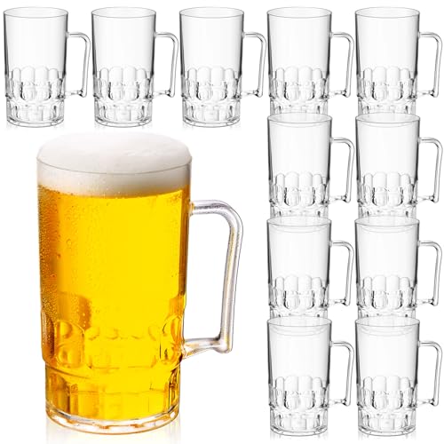SiliFine 12 Pcs Clear Plastic Beer Stein Mug with Handle Shatter Resistant Large Dimpled Beer Drinking Cup Bulk for Juice Coffee Tea Fest Cocktail Picnic Everyday Drinking Party (12oz)