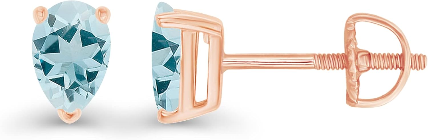 14K Gold Plated 925 Sterling Silver Hypoallergenic 5x3mm Pear Cut Prong Set Genuine Birthstone Solitaire Screwback Stud Earrings