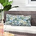 Magpie Pack of 2 Outdoor/Indoor Lumbar Pillow Case Covers 12"x20", Waterproof Rectangular Throw Pillowcase Shell Decorative Cushion Sham for Home Patio Garden Tent Couch - Floral Blue Green