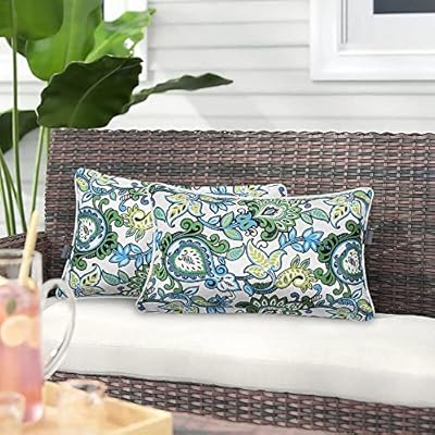 Magpie Pack of 2 Outdoor/Indoor Lumbar Pillow Case Covers 12"x20", Waterproof Rectangular Throw Pillowcase Shell Decorative Cushion Sham for Home Patio Garden Tent Couch - Floral Blue Green