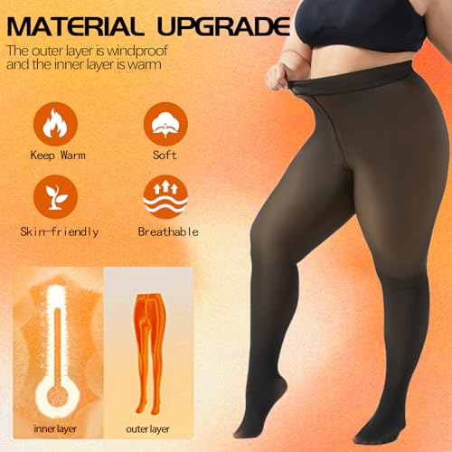 Image of 2 Pairs Plus Size Fleece Lined Tights Sheer Thermal Pantyhose leggings | Winter High Waist Warm Fake Translucent Thermal Sheer Thick Elastic Pantyhose for Womens