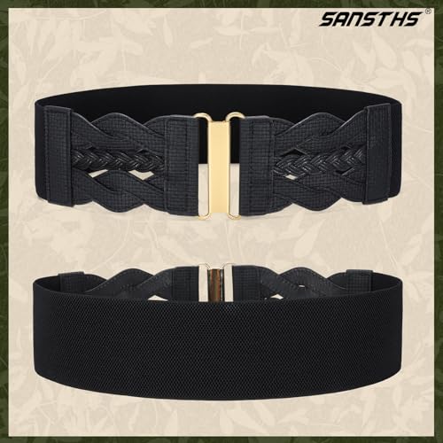 SANSTHS Vintage Stretchy Belt for Women, Womens Wide Elastic Belts for Dresses Coats, Fashion Womens Belts with Gold Buckle