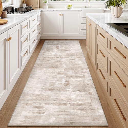 WondRg 3x8 Washable Runner Rug Beige Grey Abstract Hallway Kitchen Throw Rug Neutral Modern Non Slip Soft Low Pile Carpet for Bathroom Laundry Bedroom Living Room 3' x 8' (Runner) Beige/Grey