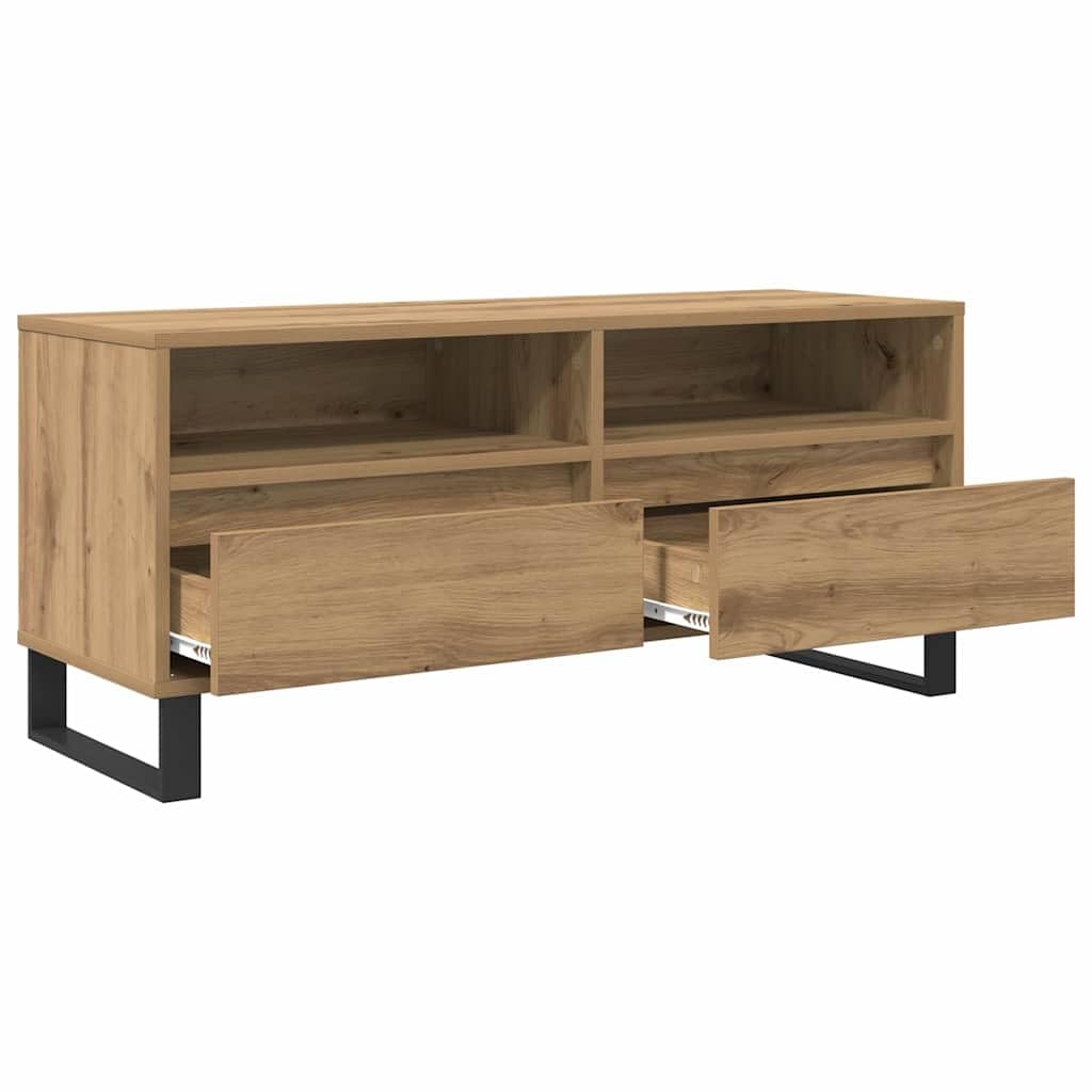 39-Inch Engineered Wood TV Stand with Drawer, Artisan Oak | Measures 39.4 x 13.6 x 17.5 inches, featuring open storage compartments for consoles and media devices in the living room.
