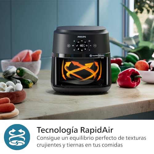 Philips Airfryer serie 2000 6,2L - 1700W de Potencia, Ventana transparente, Tecnología RapidAir, Pantalla táctil digital, 13 opciones de cocción, Hasta un 90% menos de grasa, Negro (NA230/00)