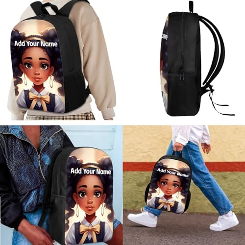 Black African Kids Backpack and Lunch Bag for Girls 10-12/12-14,American Magic Afro Bookbag with Lunch Box Custom Name Elementary School Bag Set Student Book Bag Pencil Case3