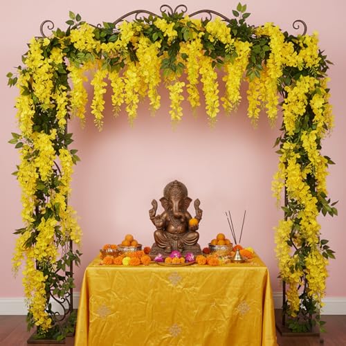 Image of Party Propz Yellow Wisteria Artificial Flowers for Decoration - 12Pcs(3.6ft), Money Plant Artificial Leaves- 2Pcs(8ft), Haldi Decorations Items for Home, Wedding Decorations Items