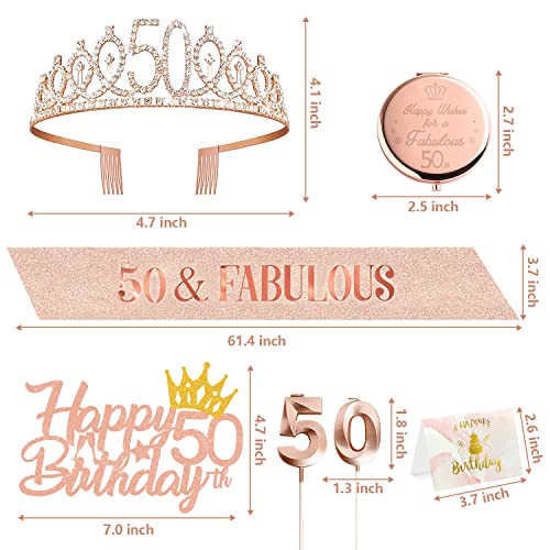 Gogoparty 50Th Birthday Gifts For Women, Rose Gold 50Th Birthday Decorations Including 50Th Birthday Crown, Sash, Cake Topper, Candle, Compact Mirror, Birthday Card, 50Th Birthday Gift Set For Women #TOP1