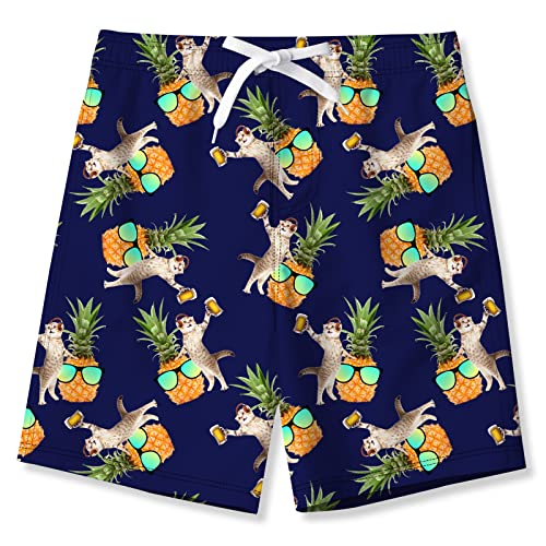 Alisister Big Boys Swim Trunks Size 10 Kids Pineapple Cat Beach Board Shorts Novelty Swimwear Funny Quick Dry Hawaiian Tropical Bathing Suit Mesh Lining Summer Pockets Clothing 9 Year Old Navy #TOP3