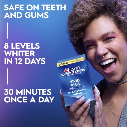 Image of Crest Teeth Whitening Strips, Crest 3D Whitestrips Vivid Plus, Enamel Safe Teeth Whitening Kit, 144 Treatments (288 Strips Total), Visibly Whitens in Days, 8 Levels Whiter, 24 Count (Pack of 12)