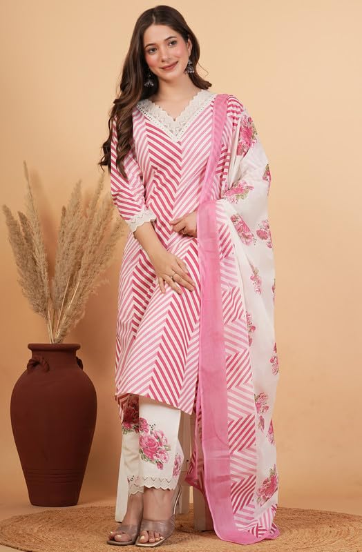 Image of rytras Women Pure Cotton Printed Straight Kurta Set with Palazzo pants & dupatta|Ethnic wear|Kurti Suit Set for Women