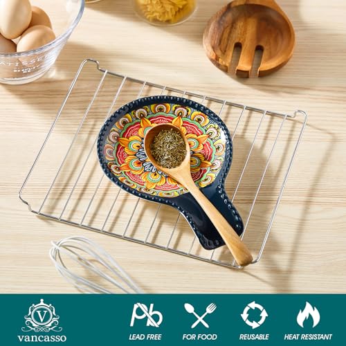 Image of vancasso 7.7 Inch Ceramic Spoon Rest, Bohemian Stove Top, Blue | Holds Spoons, Spatulas, Ladles, and Tongs, Bohemian Design, Stove Top and Countertop, Dishwasher and Microwave Safe Ceramic