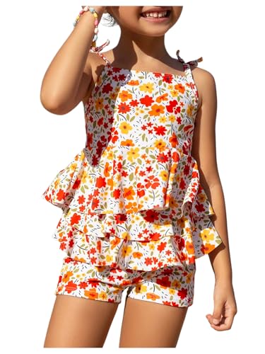 MakeMeChic Girl's Tankini Swimsuit Two Piece Floral Printed Ruffle Tiered Tie Shoulder Bathing Suit