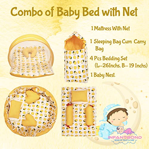 Image of Infantbond Designer Mattress with Net | Baby Sleeping Bag | 4Pcs Bedding Set | 1 Nest (0-6 Months) (Lemon Yellow Nest Set)