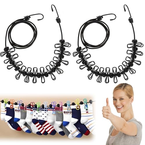 Tragbare Wäscheleine, 2 Stück, elastisch, verstellbar, einziehbar, Winddicht, mit 12 Draht-Clips, für Camping, Reisen, Wäsche, Trocknen im Freien (Schwarz)