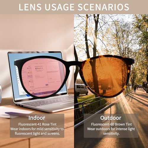 Image of Indoor Fluorescent-41 Pink & Outdoor Fluorescent-60 Brown Tinted Blue Light Blocking Glasses Round Migraine Light Sensitivity Computer Glasses Photophobia Fluorescent LED Glare Women AB3301