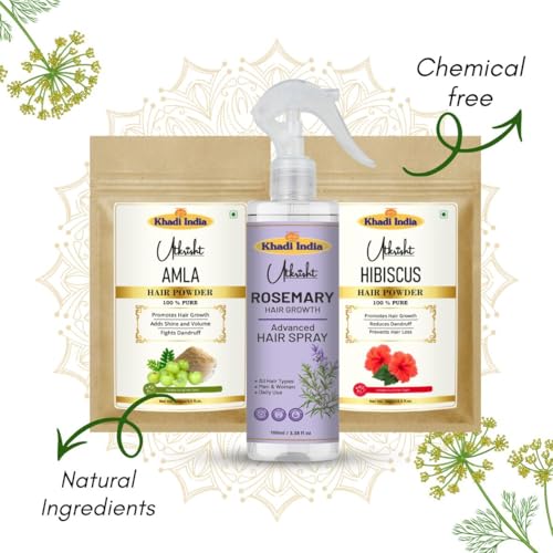 Image of Khadi Utkrisht Herbal Growth Powder Combo with Rosemary Hair Spray | Amla, Bhringraj, Shikakai, Reetha & Hibiscus | Anti Hair Fall, Dandruff Control & Strong Thick Hair - Pack of 6