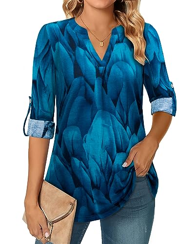 Amrto 3/4 Ärmel Bluse, Elegante V Ausschnitt Damen Longbluse Shirt Blätte...