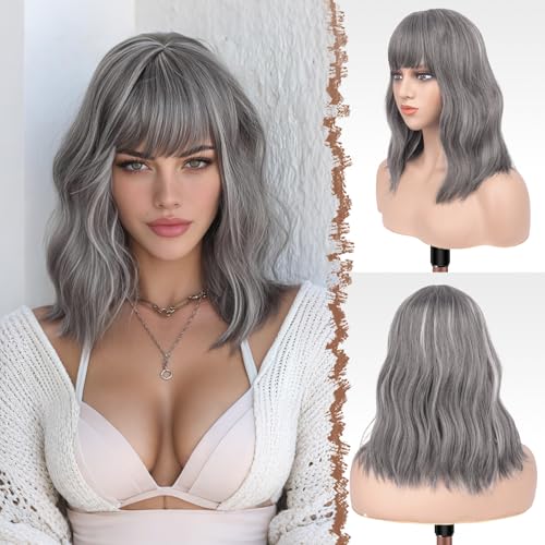 FESHFEN Shoulder Length Wigs with Bangs - Mix Grey Natural Looking Wavy Medium Length Synthetic Hair Bob Wig for Women Daily Party Use, 14 inch